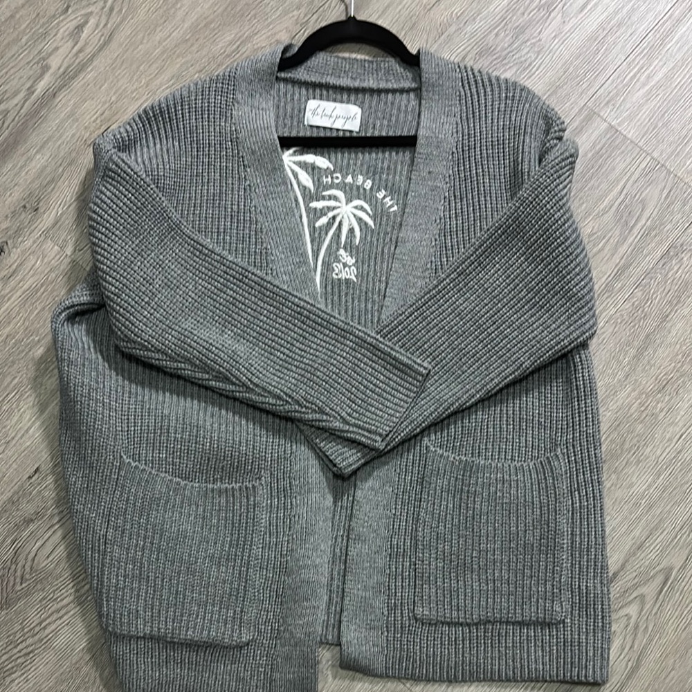 Gray Cardigan Sweater with Ribbed Knit one size